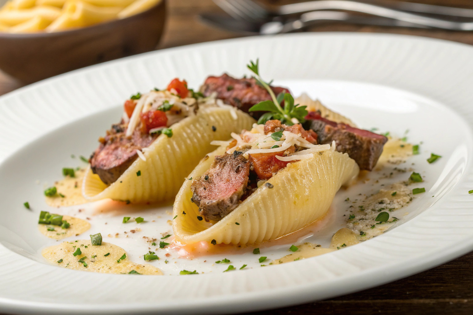Garlic Parmesan Steak Shells featured dish plated
