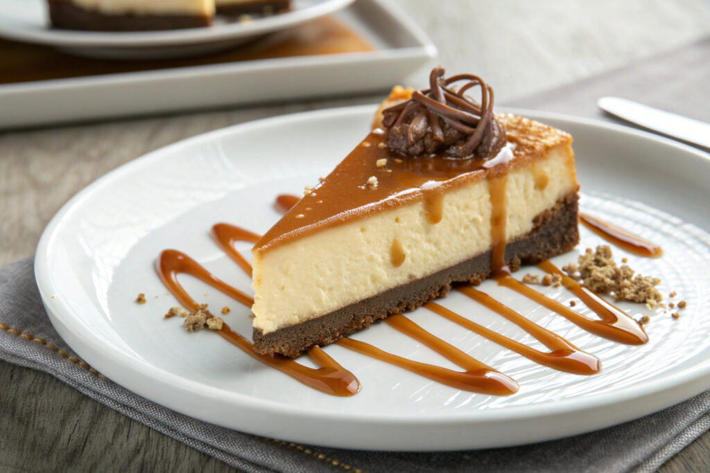 Caramel Brownie Cheesecake featured dish plated