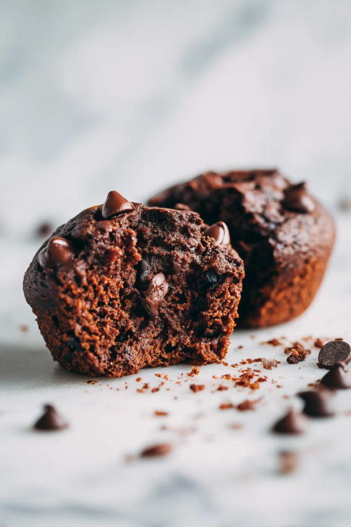 Almond Butter Double Chocolate Pumpkin Muffins 3 Halved Almond Butter Double Chocolate Pumpkin Muffin showing the moist, chocolate-studded crumb.