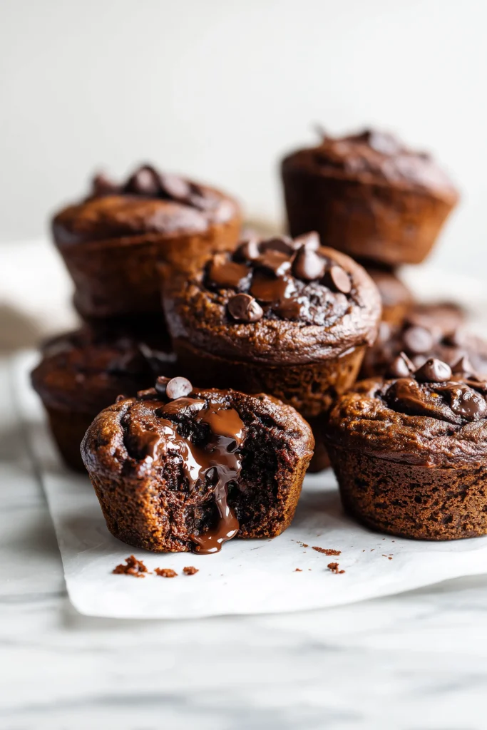 Almond Butter Double Chocolate Pumpkin Muffins 1 Almond Butter Double Chocolate Pumpkin Muffins on marble, showing glossy chocolate chips and moist crumb.