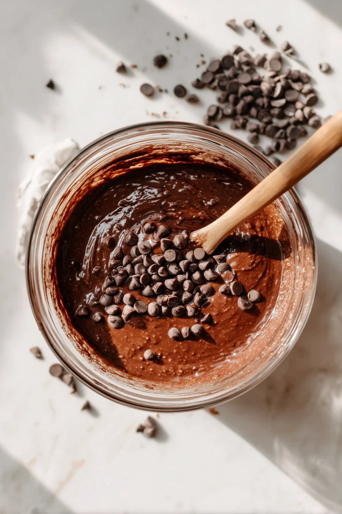 Almond Butter Double Chocolate Pumpkin Muffins 2 Glass bowl with almond butter double chocolate pumpkin muffin batter and chocolate chips on marble.
