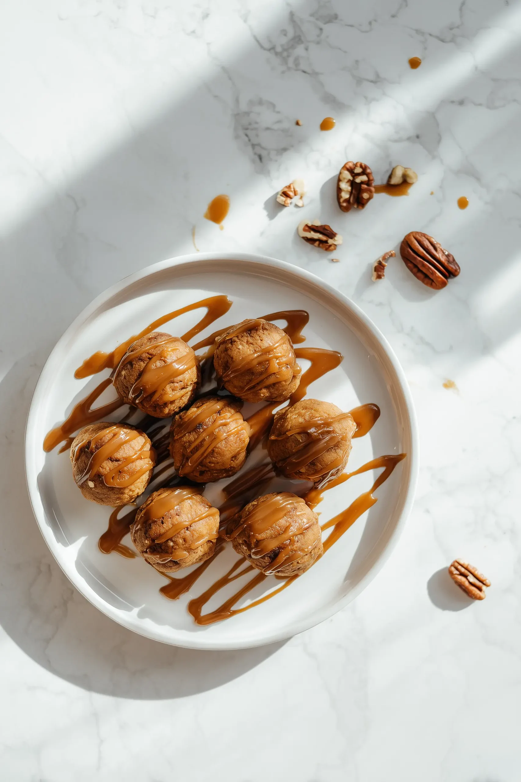 Apple Pecan Bites with Caramel Sauce arranged on a marble background, showing caramel drizzle and toasted pecans.