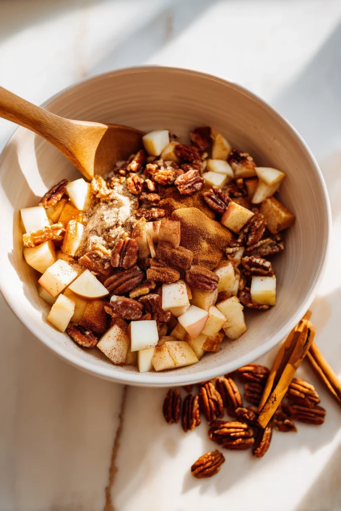 Apple Pecan Bites with Caramel Sauce 2 Bowl with apple pecan filling for Apple Pecan Bites with Caramel Sauce, featuring apples, pecans, and cinnamon.