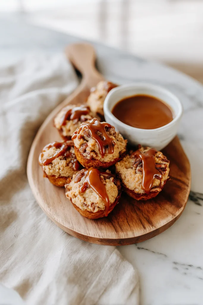 Apple Pecan Bites with Caramel Sauce 3 Platter of Apple Pecan Bites with Caramel Sauce, extra caramel on the side, ready for serving.
