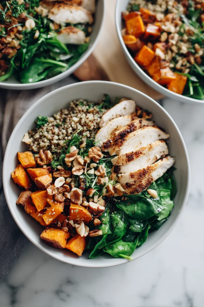 Bowl being assembled for Maple Dijon Chicken & Roasted Sweet Potato Bowls with chicken, sweet potatoes, grains, and greens.