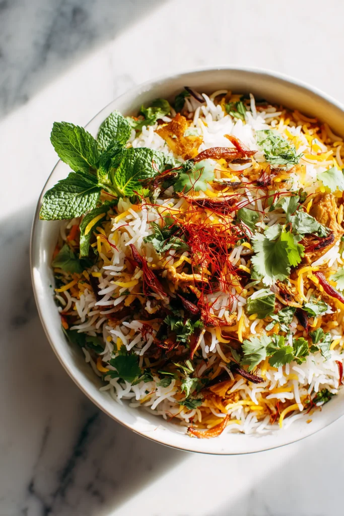 Authentic Indian Chicken Biryani 1 Authentic Indian chicken biryani layered in a white bowl, topped with golden onions, fresh herbs, and saffron threads on a bright marble surface.