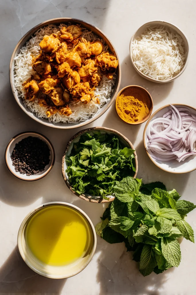 Authentic Indian Chicken Biryani 2 Ingredients for authentic Indian chicken biryani arranged in small bowls on a light stone background.