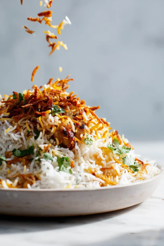 Authentic Indian Chicken Biryani 3 Step of layering authentic Indian chicken biryani with rice, chicken, fried onions, and herbs in a pot on a light background.