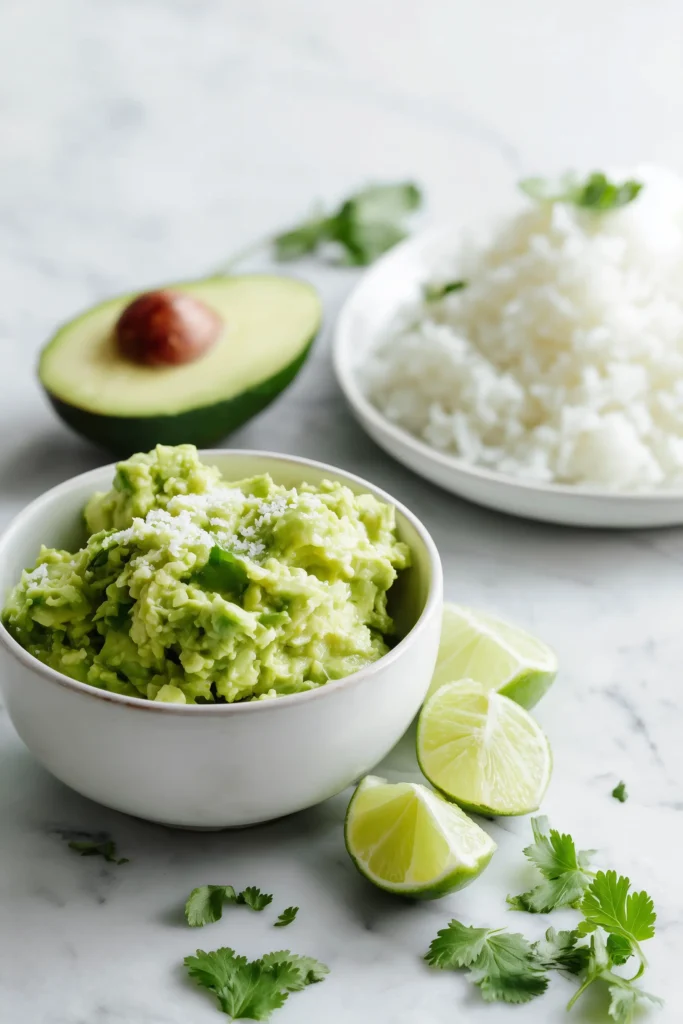 Bowl of mashed avocado beside a plate of fluffy rice with fresh herbs for Honey Lime Chicken and Avocado Rice Stack.