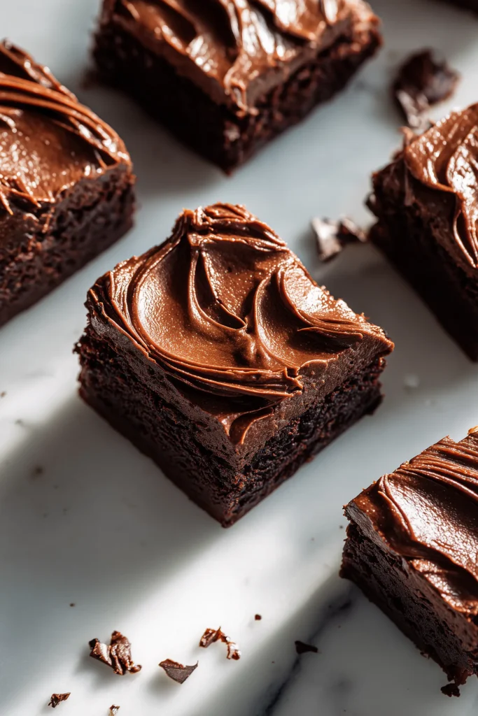 Baileys Buttercream Brownies 1 A tray of Baileys Buttercream Brownies with creamy buttercream on marble, highlighting the swirls and chocolate flecks.