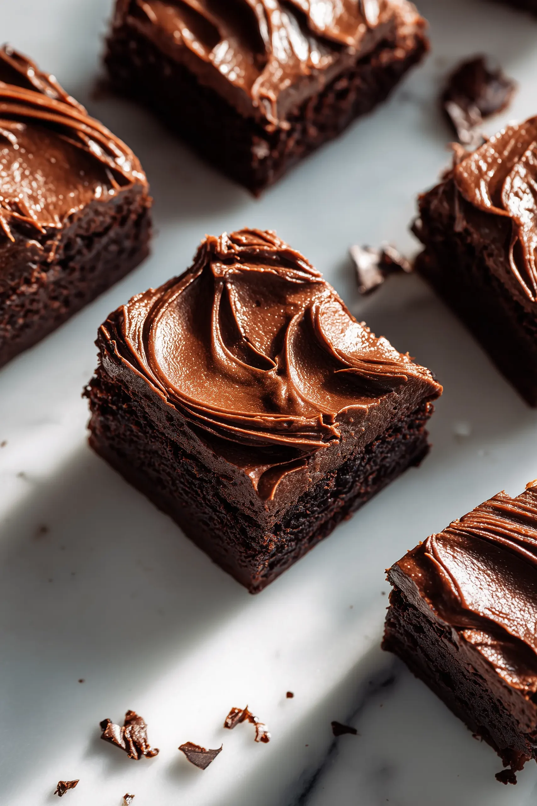 A tray of Baileys Buttercream Brownies with creamy buttercream on marble, highlighting the swirls and chocolate flecks.