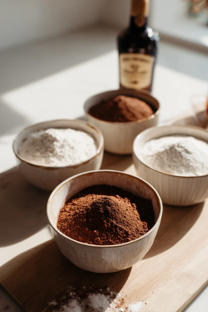 Baileys Buttercream Brownies 2 Bowls of cocoa, sugar, flour, and Baileys for making Baileys Buttercream Brownies on a light background.