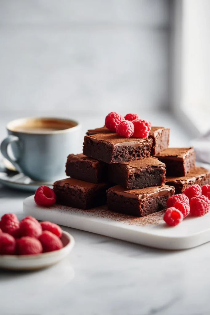 Baileys Buttercream Brownies 4 Baileys Buttercream Brownies on a tray with coffee and berries, styled for a cozy treat.