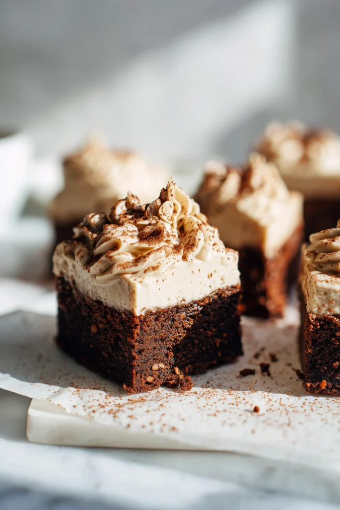 Baileys Buttercream Brownies 3 A brownie being topped with swirls of Baileys buttercream, focusing on the creamy frosting and fudgy chocolate base.