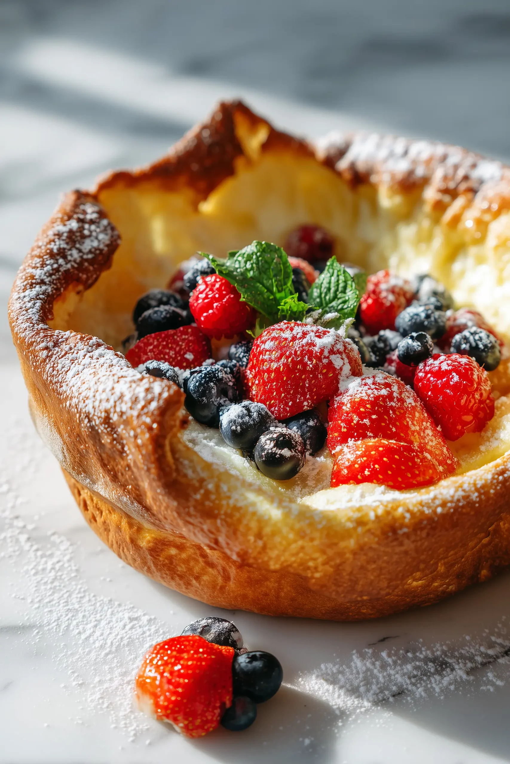 A Baked German Pancake with golden, crisp edges and a custardy center on a white marble background, dusted with powdered sugar and fresh berries.