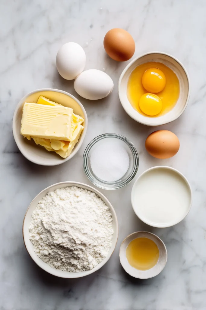 Ingredients for Baked German Pancake including eggs, milk, flour, butter, and vanilla on a marble background.