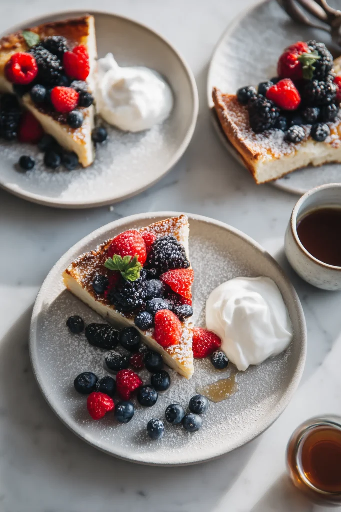Slices of Baked German Pancake with powdered sugar, berries, and whipped cream on plates, showing topping ideas.