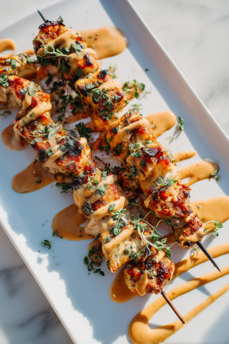 A platter of Bang Bang Chicken Skewers arranged with a creamy spicy sauce, showing golden crispy edges and a sprinkle of fresh herbs.