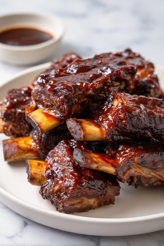 Close-up of BBQ Short Ribs glazed with barbecue sauce on a white plate.