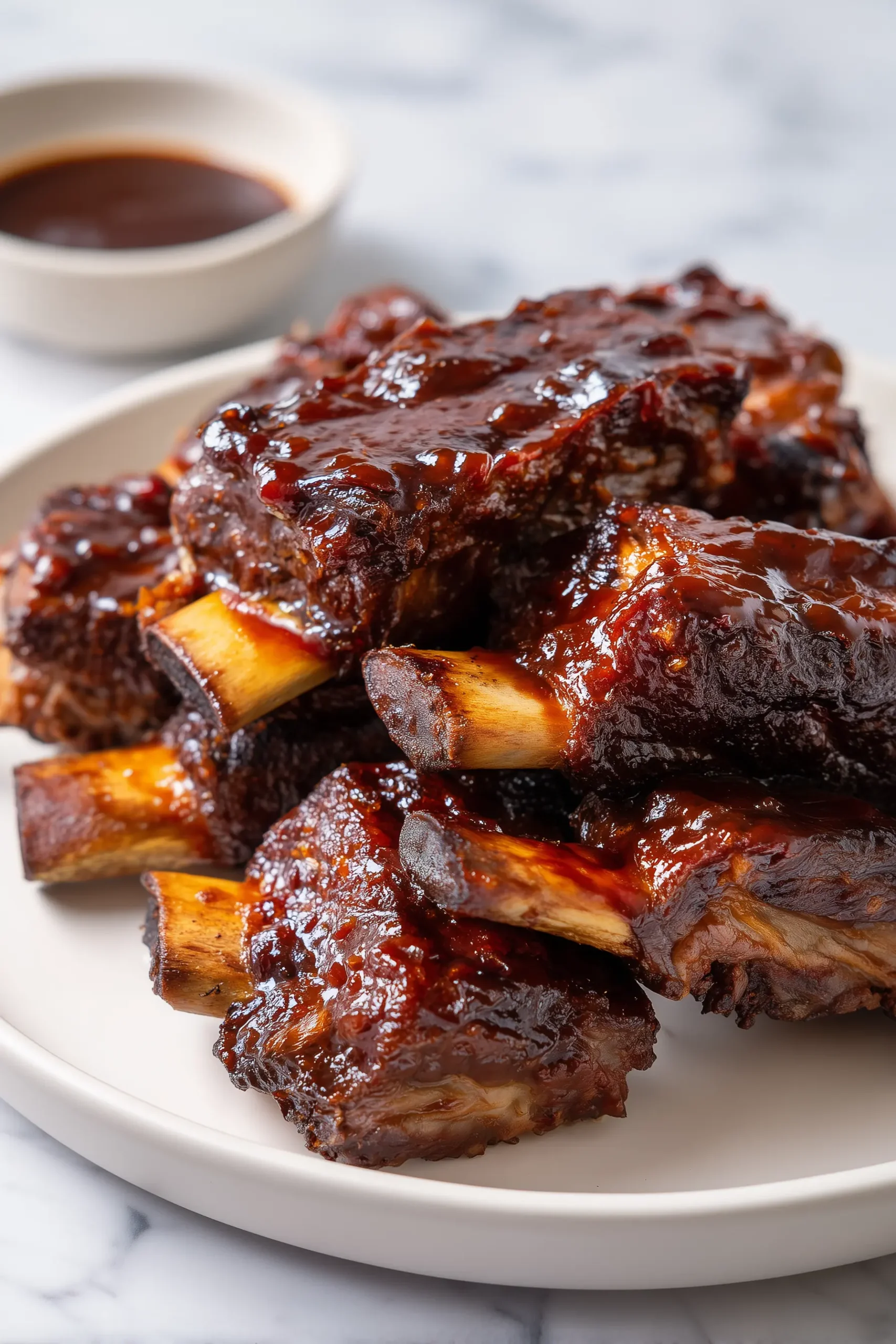 Close-up of BBQ Short Ribs glazed with barbecue sauce on a white plate.