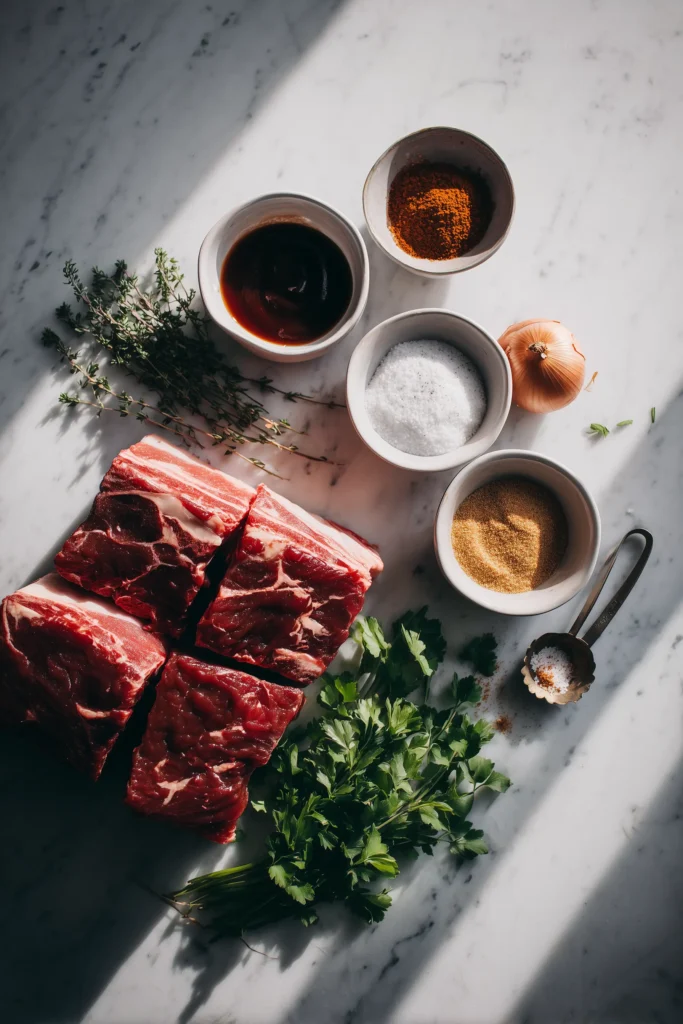 Overhead view of BBQ Short Ribs ingredients arranged on a marble background.