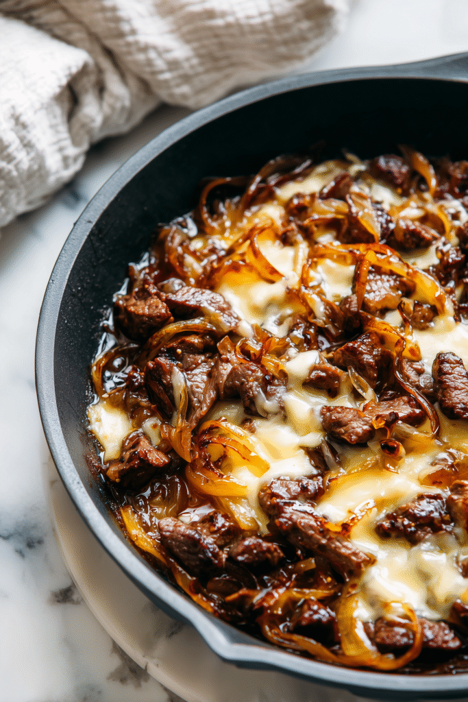 Irresistible French Onion Beef Sloppy Joes 3 Overhead shot of beef and caramelized onions in a skillet, topped with melty cheese for Irresistible French Onion Beef Sloppy Joes.