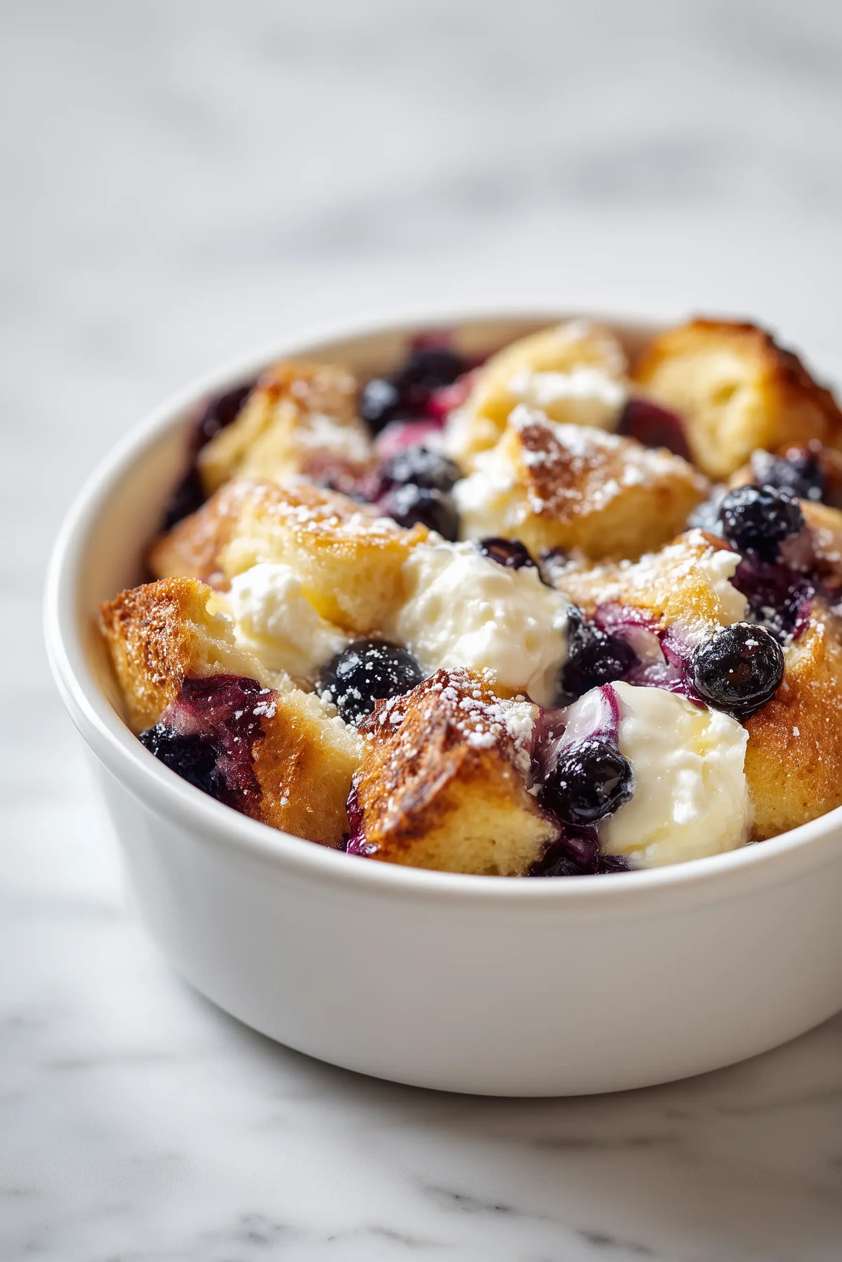 Golden Blueberry French Toast Casserole showing crisp top, juicy blueberries, and creamy custard filling.