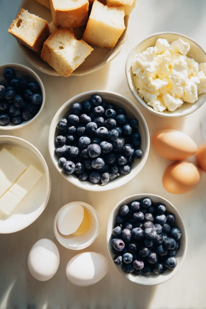 Overhead view of Blueberry French Toast Casserole ingredients including cubes of bread, blueberries, cream cheese, eggs, and milk.