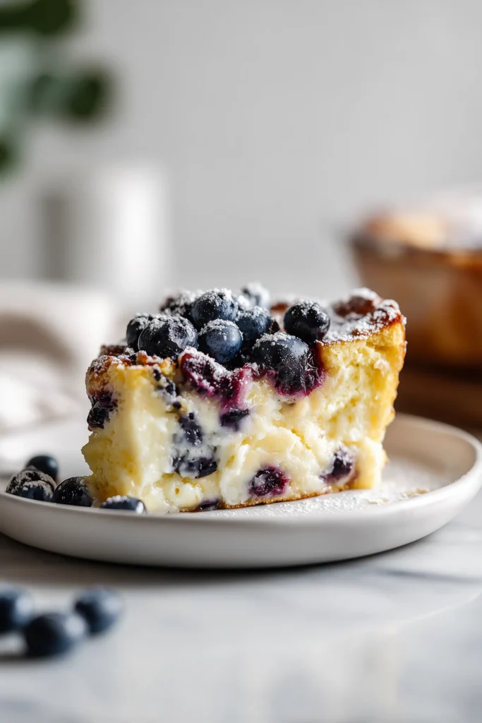A slice of Blueberry French Toast Casserole on a plate, showing fluffy bread and bursting blueberries.