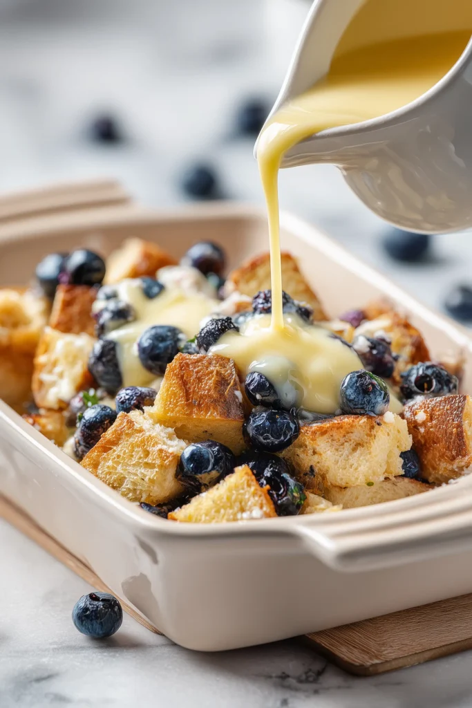 Bread cubes, blueberries, and cream cheese layered in a dish for Blueberry French Toast Casserole.