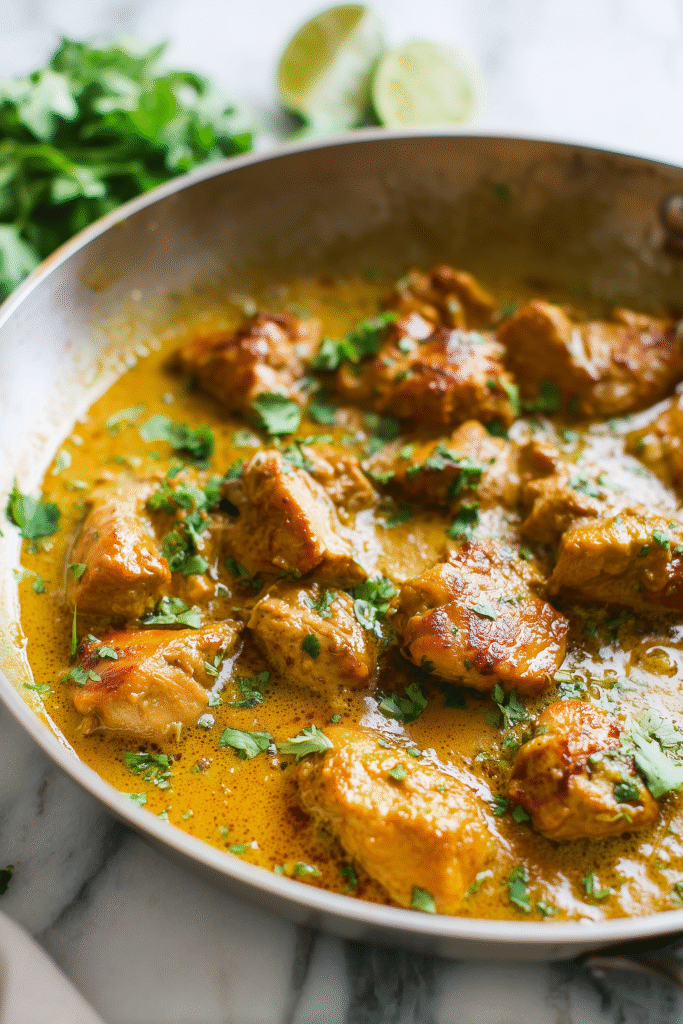Brazilian Coconut Chicken 3 Chicken simmering in creamy coconut sauce with cilantro and lime for Brazilian Coconut Chicken.