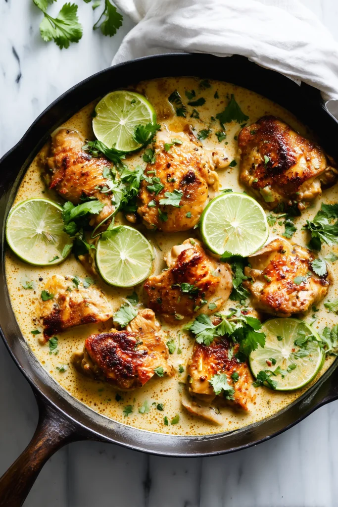 Brazilian Coconut Chicken 1 Brazilian Coconut Chicken in a creamy coconut sauce, topped with cilantro and lime, served in a bright skillet.