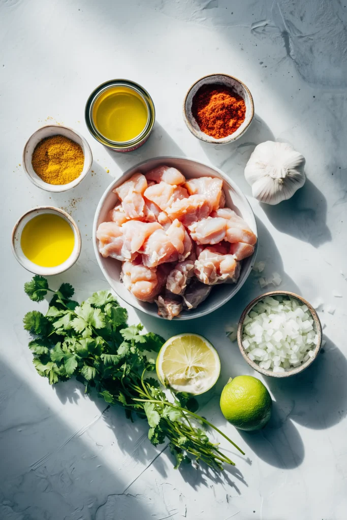 Brazilian Coconut Chicken 2 Flat lay of Brazilian Coconut Chicken ingredients arranged on a marble background.