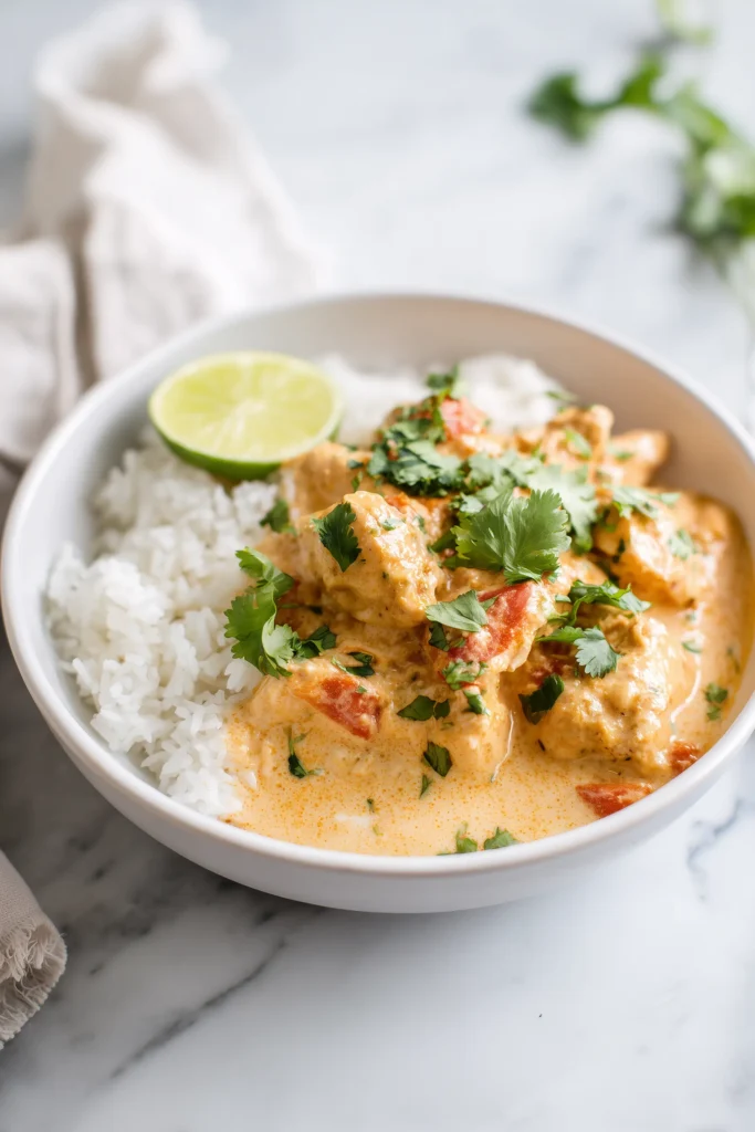Brazilian Coconut Chicken 4 Brazilian Coconut Chicken served over rice with coconut sauce and herbs, in a white bowl.