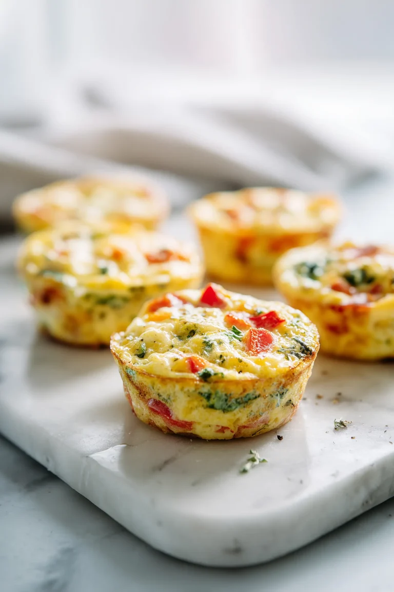 Breakfast Egg Muffins cooling on a white marble surface, showing golden tops and colorful veggie mix.
