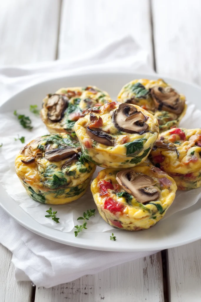 Variety of Breakfast Egg Muffins with mix-ins like spinach, cheese, and ham displayed on parchment paper.