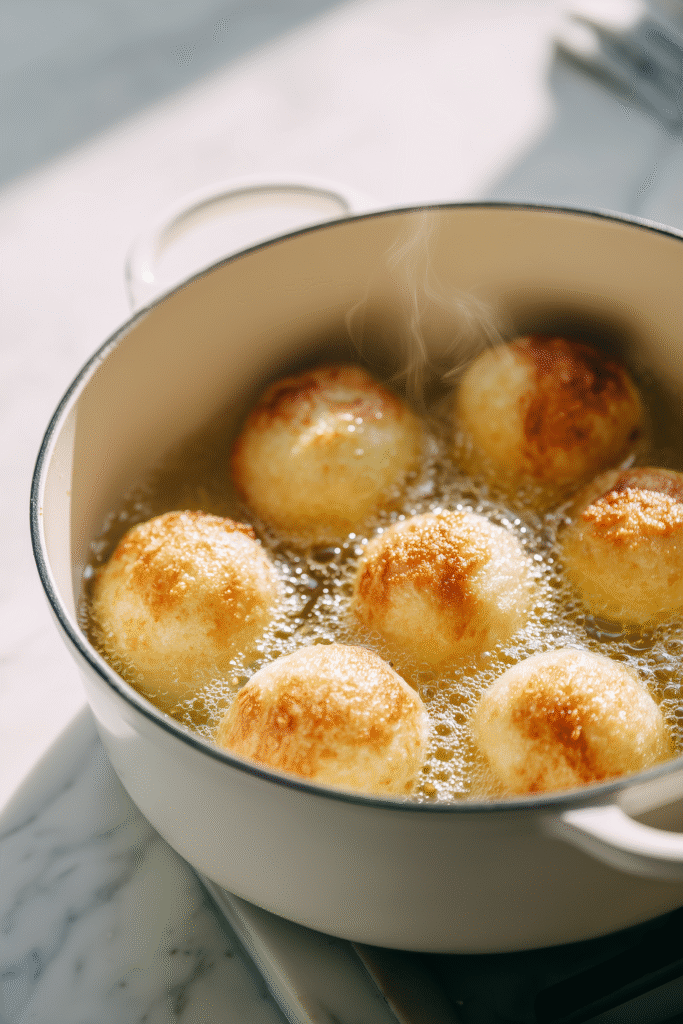 Fluffy Brioche Doughnuts frying in a white pot of oil on a bright kitchen surface, showing the golden color developing.