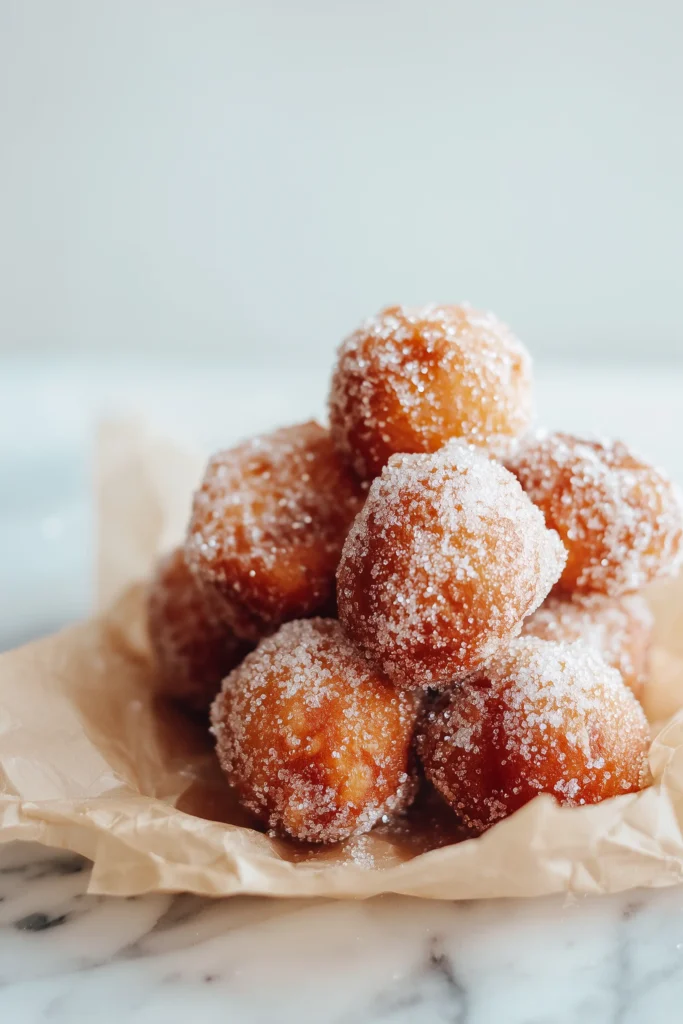 Pile of golden Brioche Doughnuts coated in sugar on white marble, highlighting their fluffy texture.