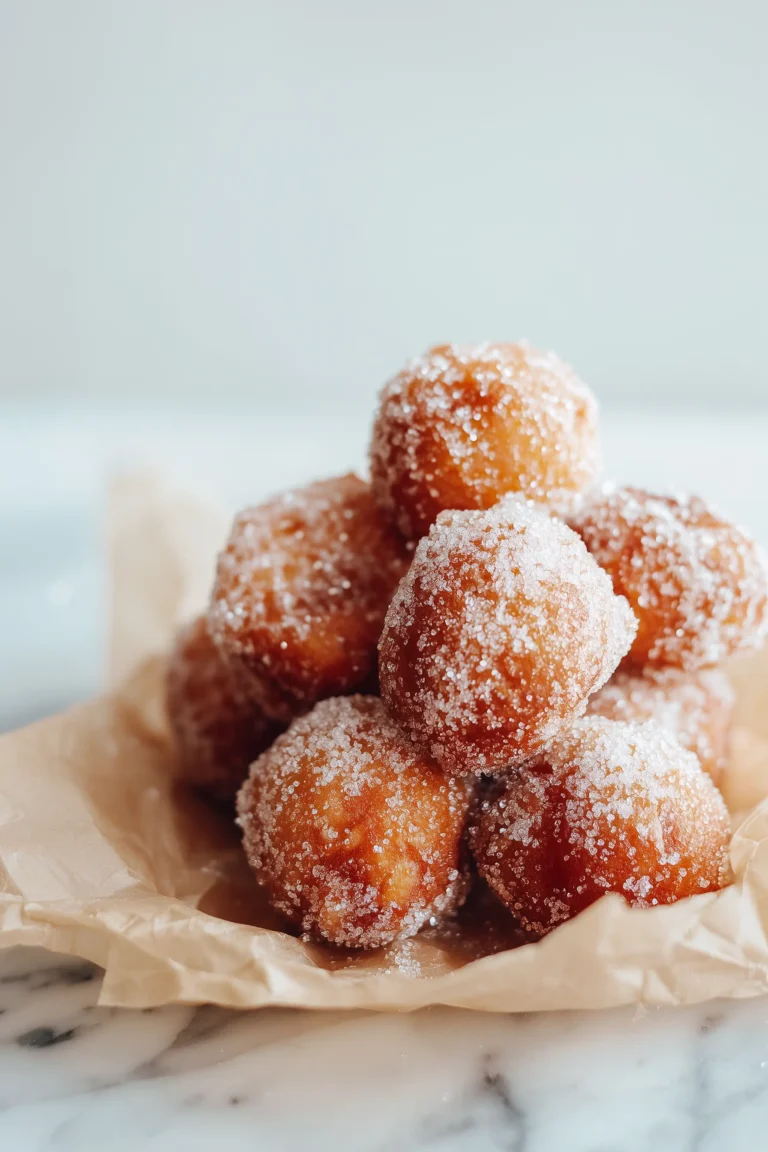 Pile of golden Brioche Doughnuts coated in sugar on white marble, highlighting their fluffy texture.