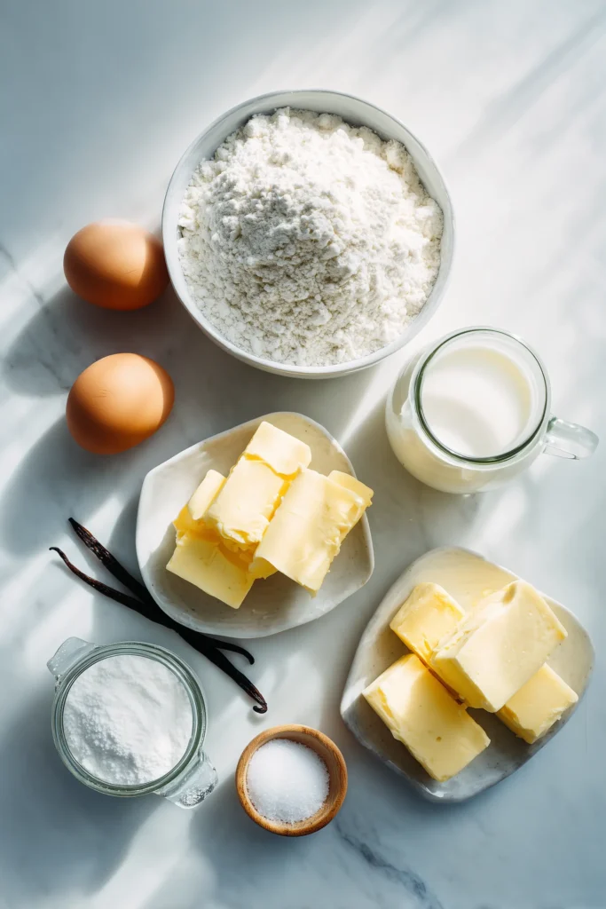 Overhead view of ingredients for Brioche Doughnuts arranged on white marble for a clear and inviting starter shot.