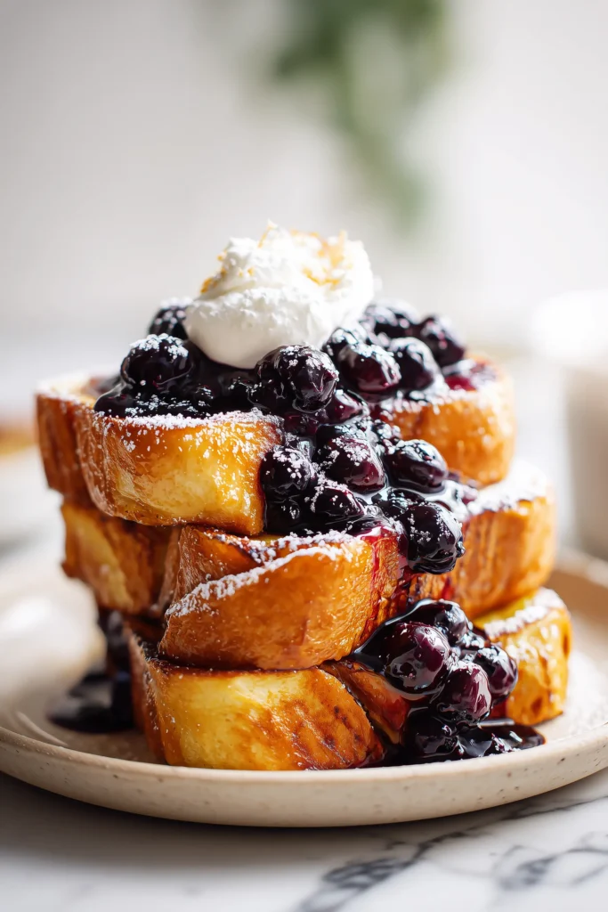 Golden brioche French toast with blueberry compote and cr&egrave;me fra&icirc;che topping on a bright plate.