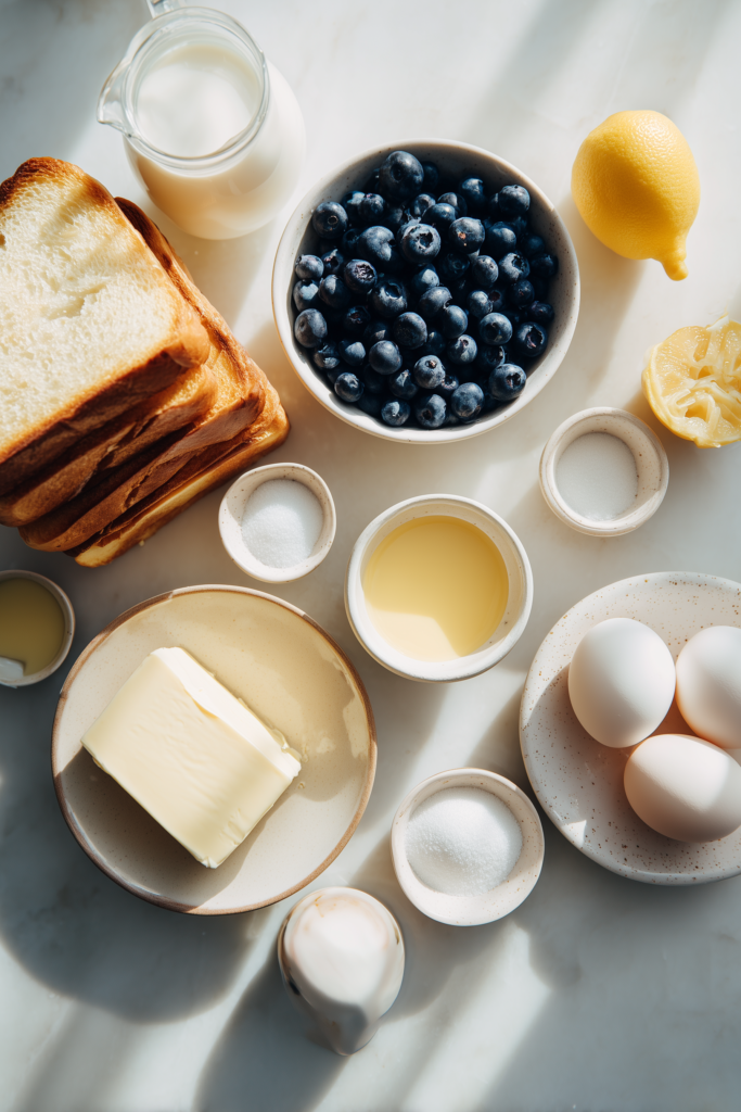 Ingredients for Brioche French Toast with Blueberry Compote arranged on a marble surface.