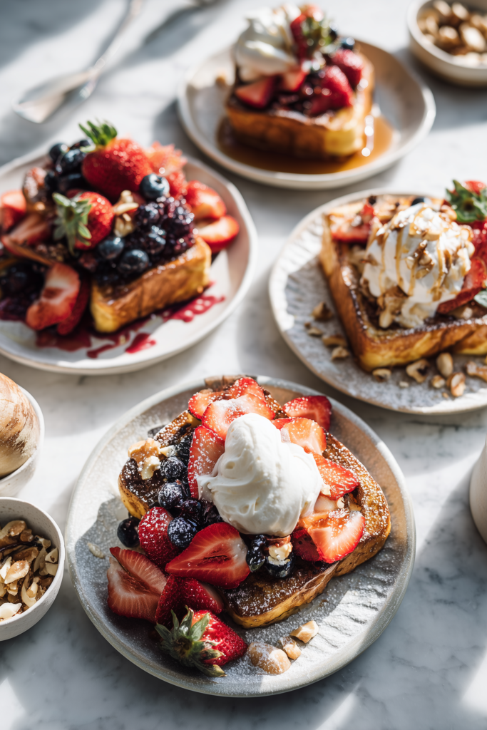 Brunch table with variations of Brioche French Toast with Blueberry Compote and different toppings.