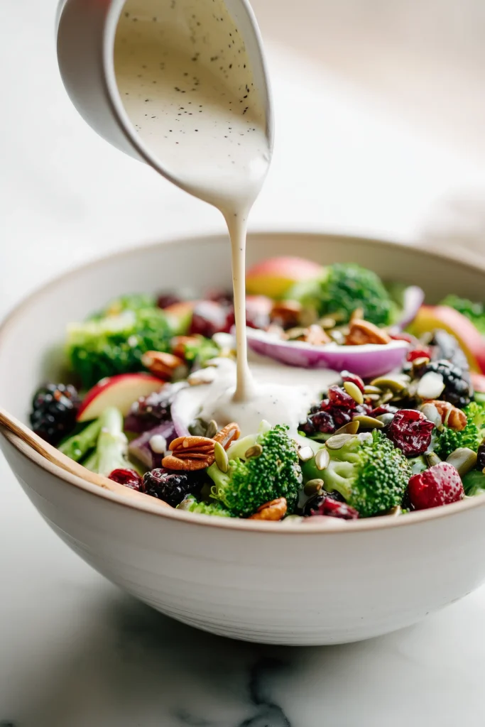 Creamy poppy seed dressing being poured over Broccoli Berry Salad with Poppy Seed Dressing in a bright kitchen.