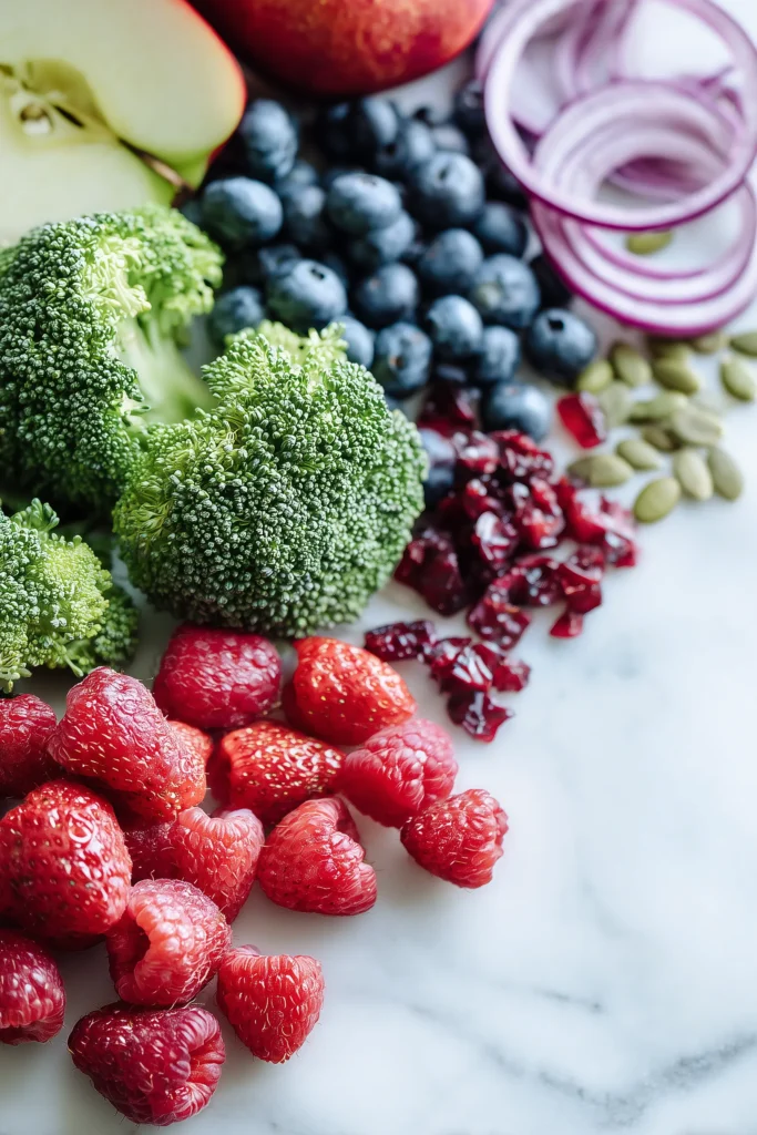 Ingredients for Broccoli Berry Salad with Poppy Seed Dressing arranged on a white marble surface.