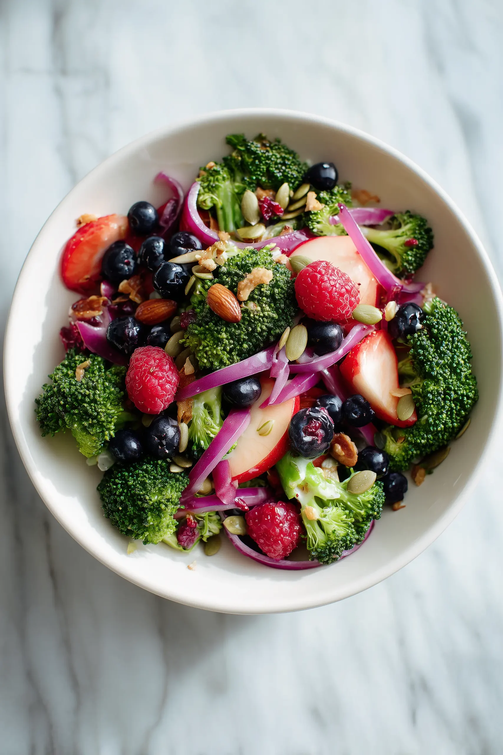 A bowl of Broccoli Berry Salad with Poppy Seed Dressing, showing crisp greens, juicy berries, and a creamy dressing on a light background.
