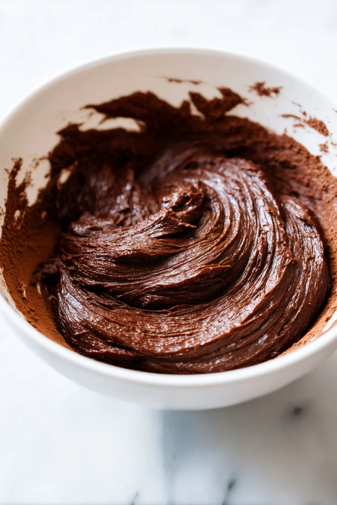 Bowl of thick, rich Brownie Crinkle Cookie dough showing glossy chocolate texture on a bright kitchen counter.