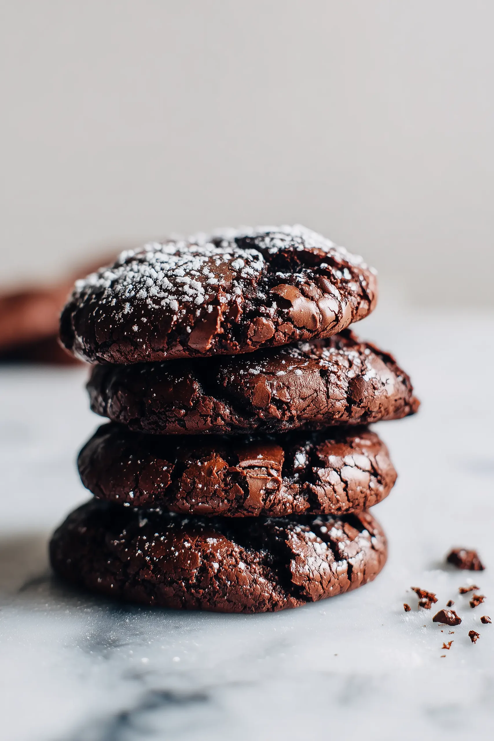 Bright close-up of Brownie Crinkle Cookies with crackly chocolate tops and powdered sugar on a white marble background.