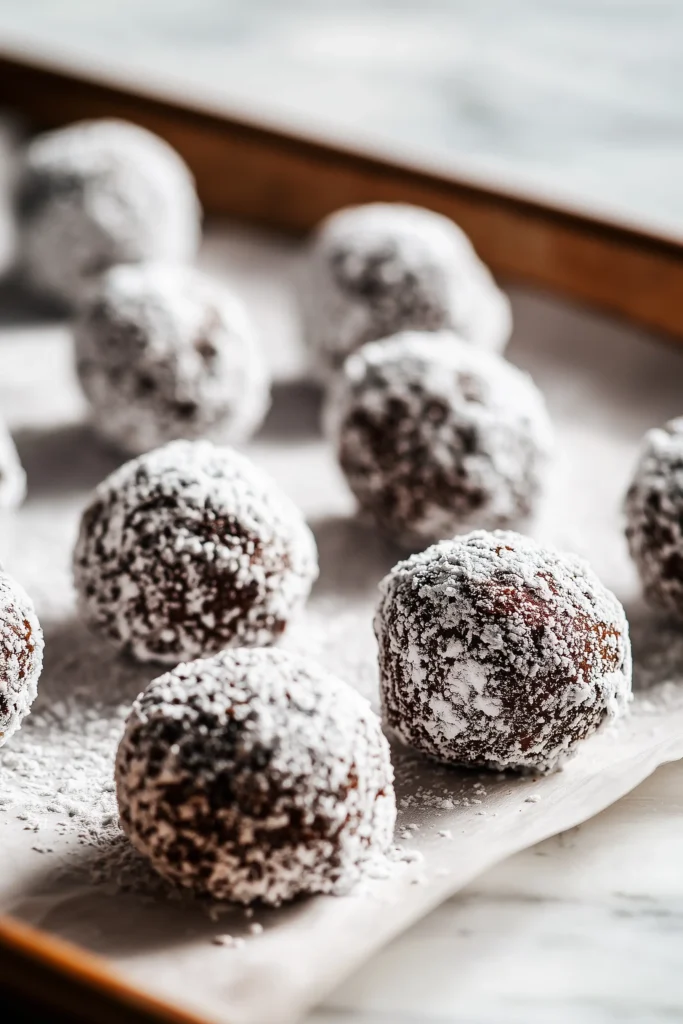 Overhead view of chocolate Brownie Crinkle Cookie dough balls covered in powdered sugar on a lined baking sheet.