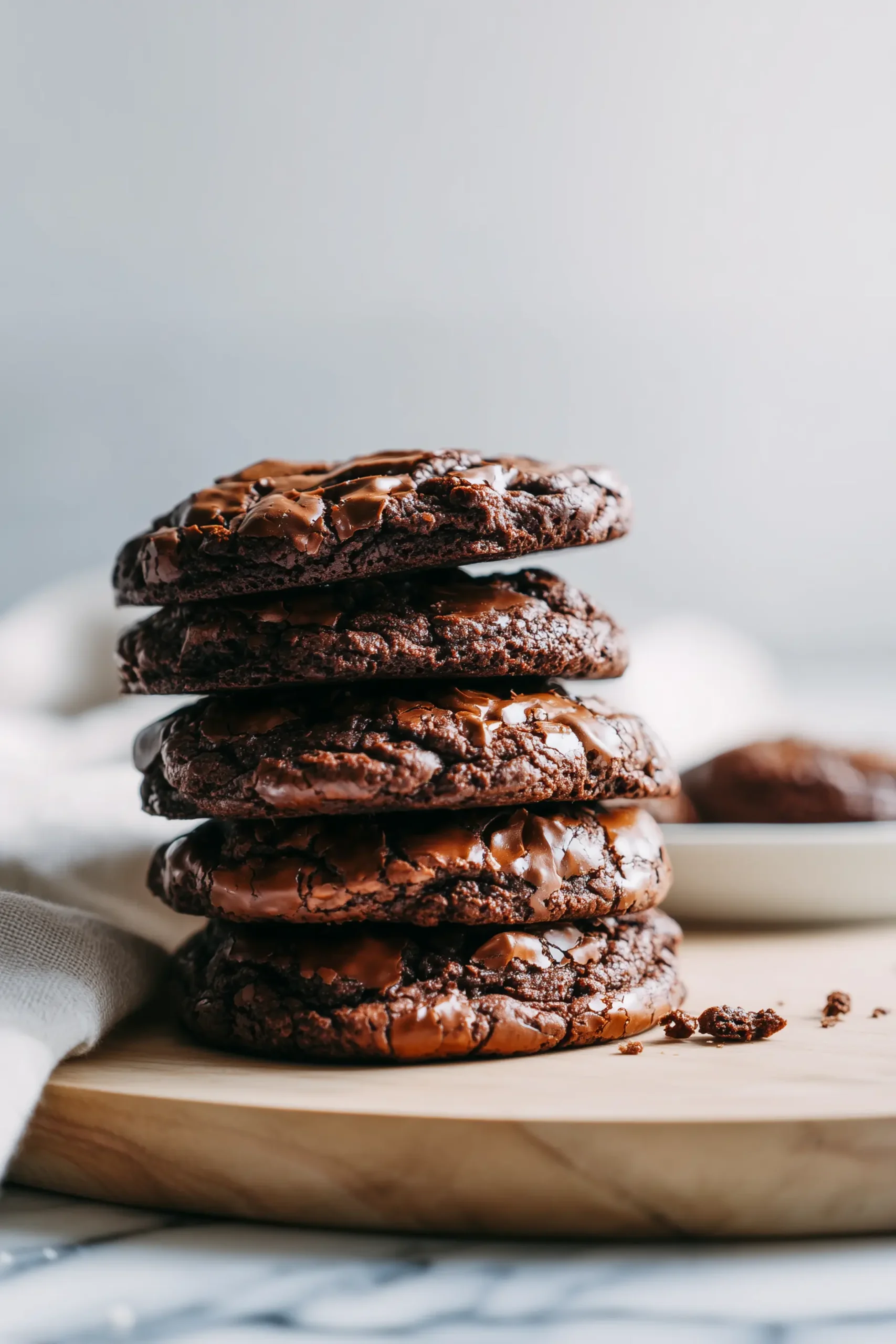 Close-up of stacked Brownie Crinkle Cookies showing chewy fudge centers and crinkly chocolate tops on a light wooden board.